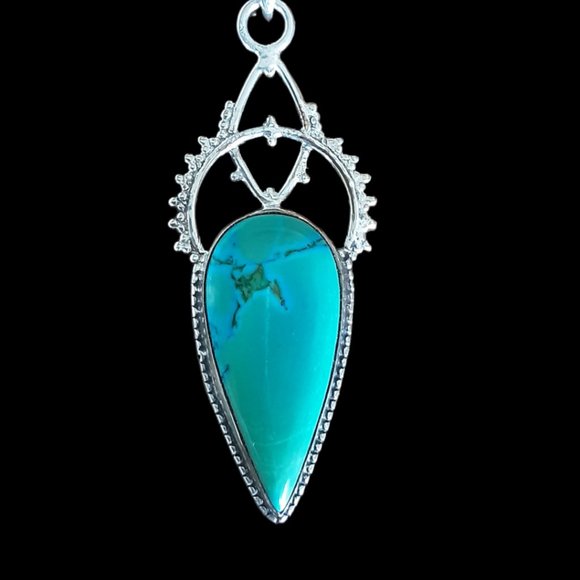 Genuine Turquoise Cabachon Set In 925 Sterling Silver Pendant 2.5" X .75" - Picture 4 of 5